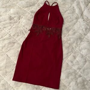 Burgundy Halter Backless Mini Dress with Lace Accents
